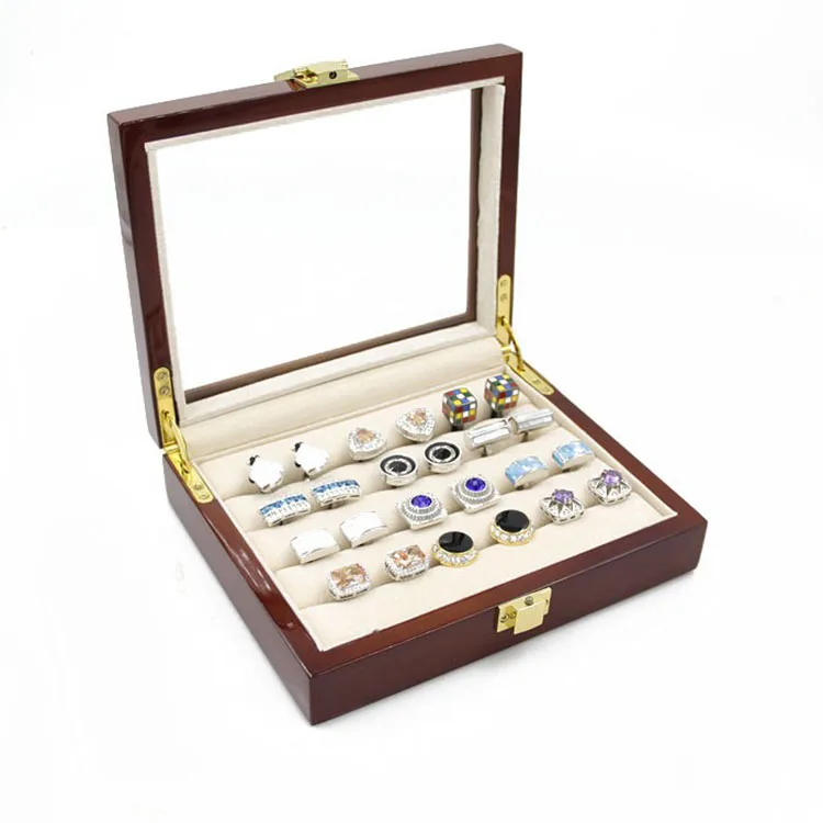 Wholesale fashion cufflinks display box high quality lacquer wooden jewelry glass cover ring jewellery packaging box