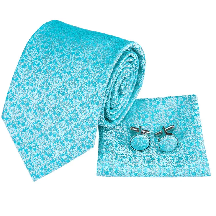 LELE Fashion Light Blue Ties Jacquard Woven Men Silk Necktie and Hanky Set