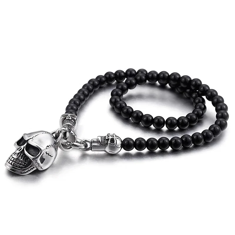 YK Natural Stone Jewelry 8mm Black Onyx Beaded Stainless Steel Skull Head Necklace