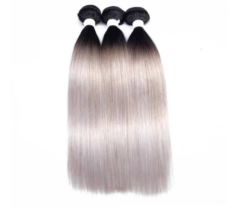Platinum Grey Ombre Hair 3 Bundles Two Tone 1B/Grey Human Hair Extensions Silver Gray Dark Roots straight Brazilian Human Hair