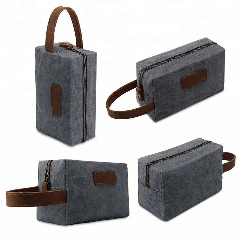 Travel waterproof men toiletry leather outdoor waxed canvas cosmetic zipper bags designer