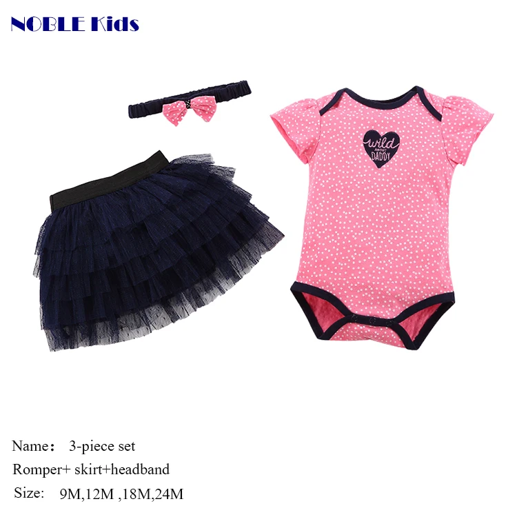 
New summer three-piece set baby skirts wholesale custom 100%cotton girls tops rompers 