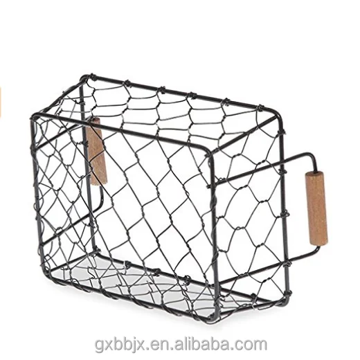 Wholesales Household Storage Type Mini Rectangular Wire Mesh Utility Basket with Wooden Side Handles