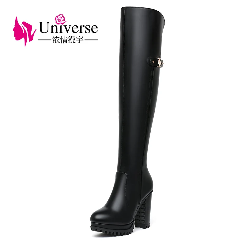 Factory E329 Women Round Toe Platform Shoes Fur Lining High Heel Knee Boots