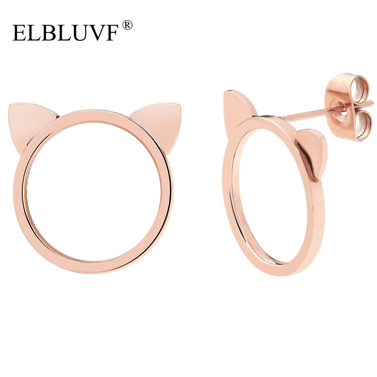 
ELBLUVF Free Shipping Stainless Steel 18K Rose Gold Plated Animal Cat Ears Cat Stud Earrings Jewelry 