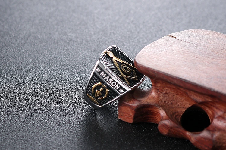 Vintage Two -tone AG Masonic freemason  Biker Gold Ring Stainless Steel Demolay Silver Ring With White CZ