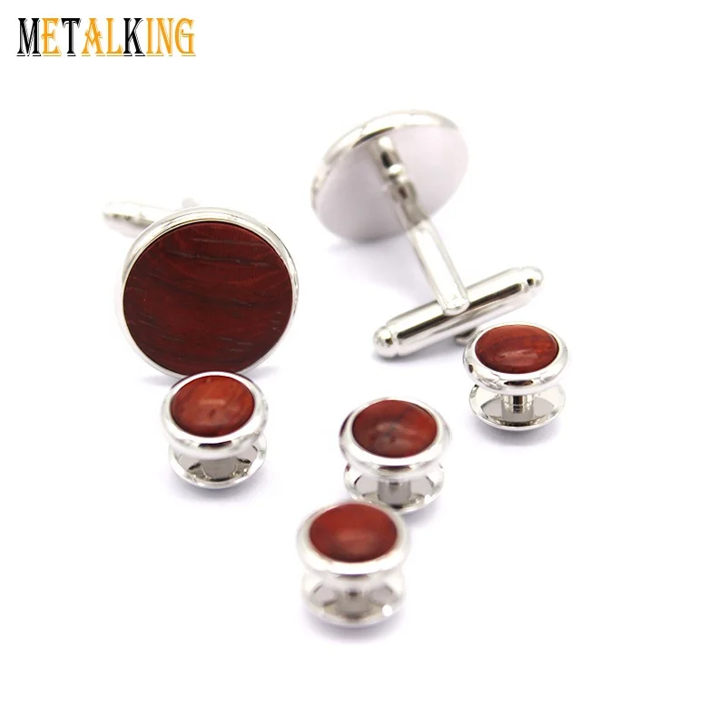 Vintage Style Red Wood Inlay French Cufflinks And Studs Set Suit For Mens Shirts Tuxedos