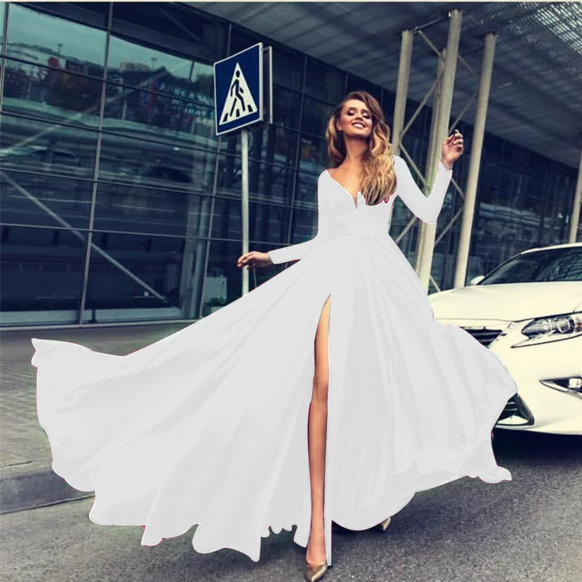 
2019 Euramerican foreign trade hot sale new style dresses hot style sexy deep V-neck long sleeve prom dresses ball-gown skirt 