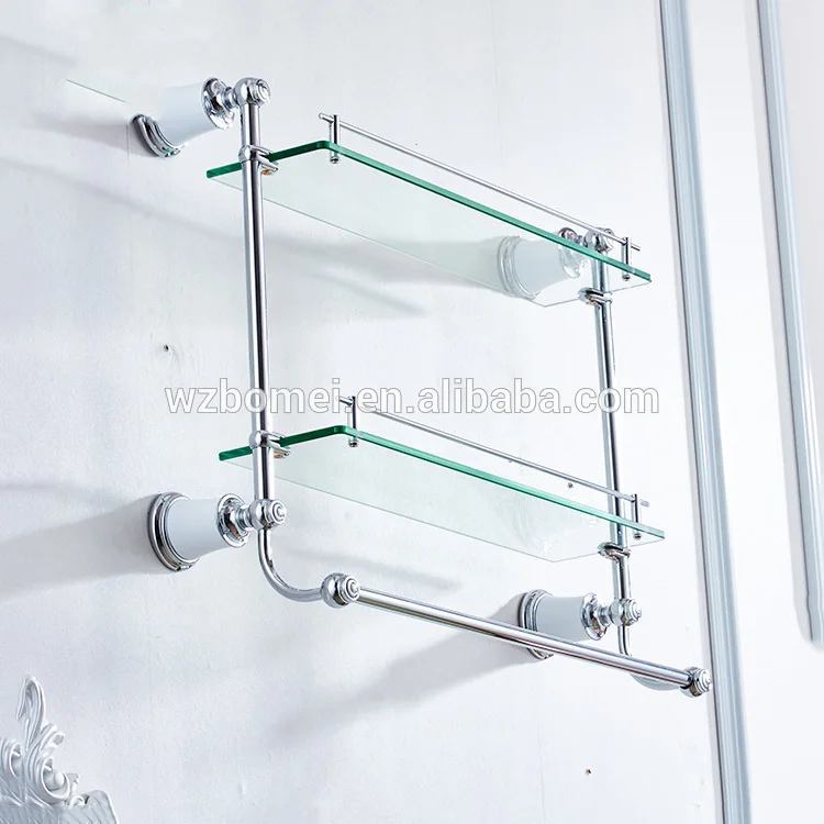 FLG chrome bathroom shower wall mounted towel rack glass shelf