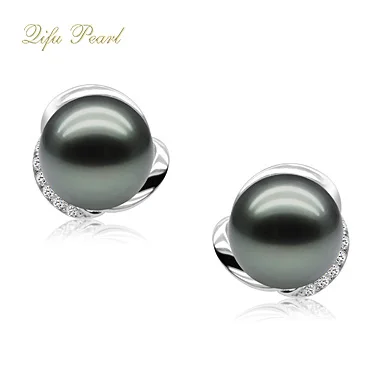 18K Gold Earring Stud Black Tahiti Pearl jewelry excellent enquisive handcraft