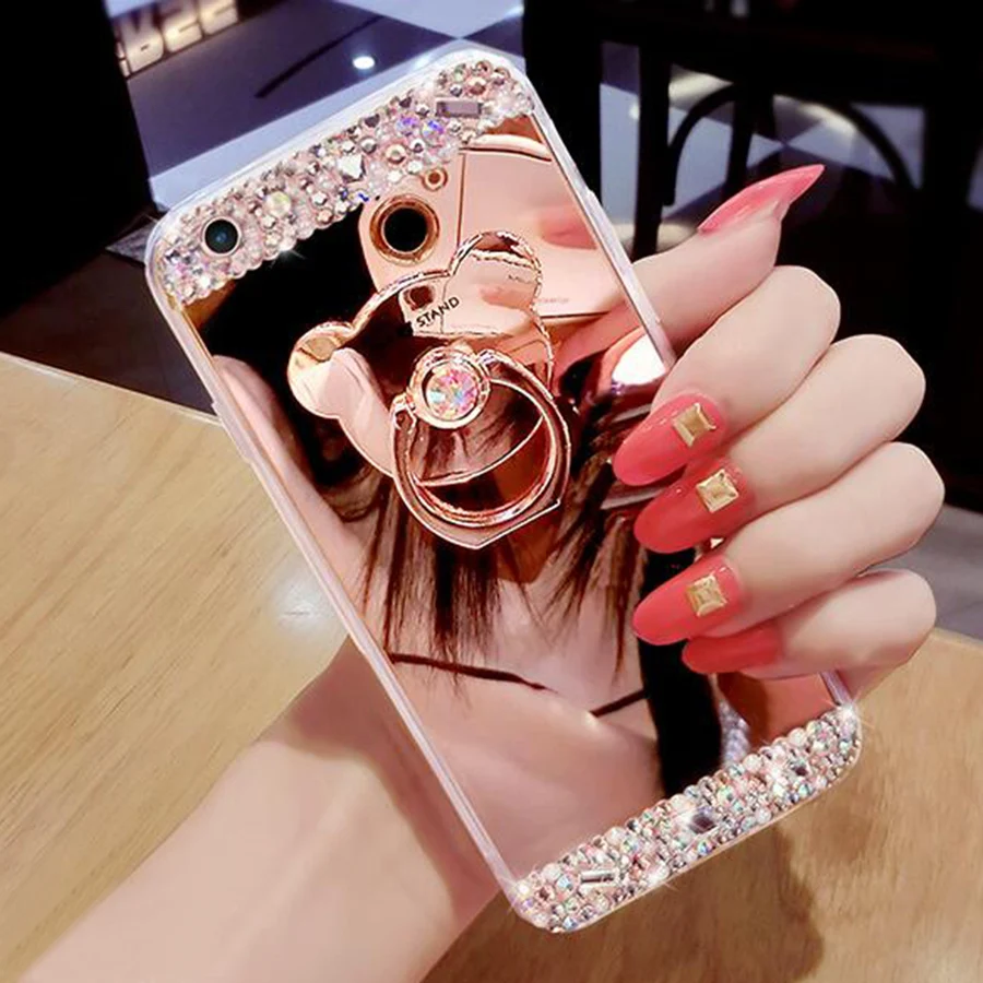 Glitter Luxury Phone Case For iPhone 6 6S 5S 7 Plus 8 8PLUS X XS XR 11 12 Pro Max Capa  Diamond Mirror Bear Ring Holder Cover