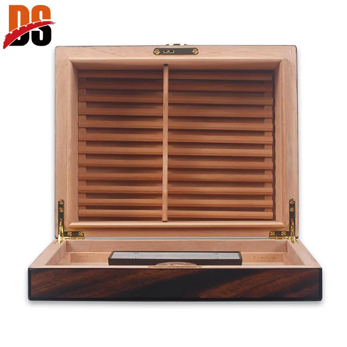 DS Factory Price Custom Logo Lockable Glossy Wood Cigar Humidor with Hygrometer and Humidifier
