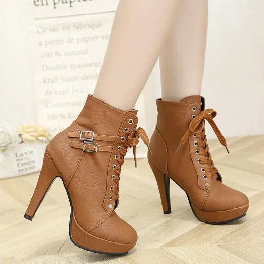 Round toe lace up ankle buckle women boots chunky high heel platform women shoes