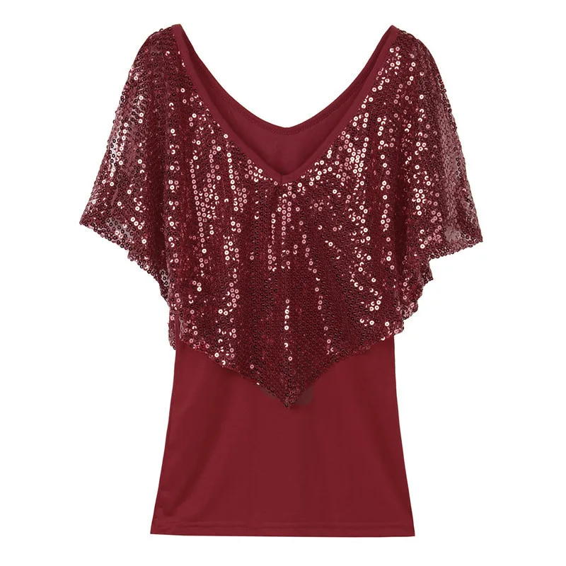 Summer Fashion Tops Women Flutter Sleeve V Neck Sequin Blouse Casual Solid Breathable Shirts