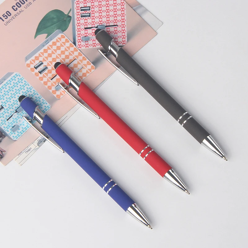 Multicolor promotion soft touch metal pen rubber coated finished pen with aluminum stylus ball pen