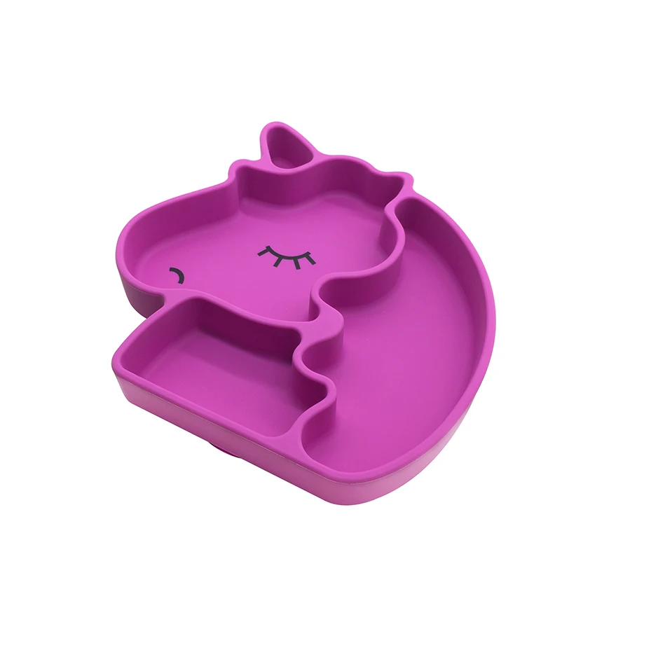 Benhaida Food Grade Silicone Cute Animal Unicorn Shaped Feeding Plate With Suction Divided Grip Dish for Baby