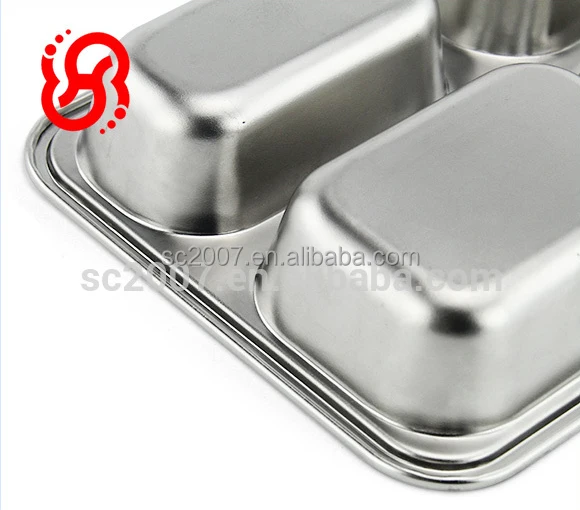 School Kids Rectangle Stainless Steel 4 Compartment Divided Dinner Plates with Cover