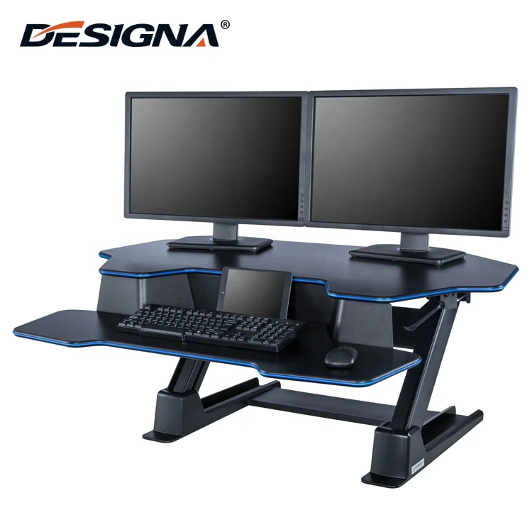 Black color large 3 monitors elevated stand up sit down desk riser