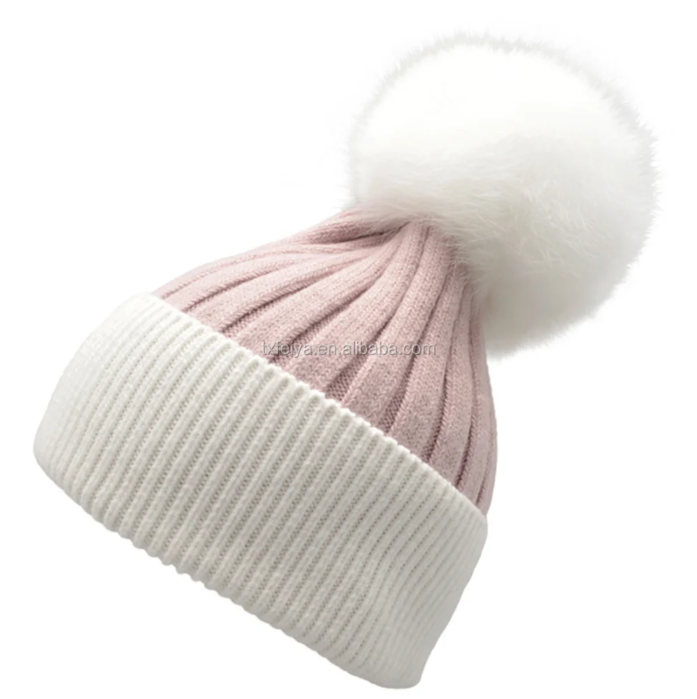 Wholesale Crochet Knitted Wool Beanie Hat with Fox Fur Pom Pom