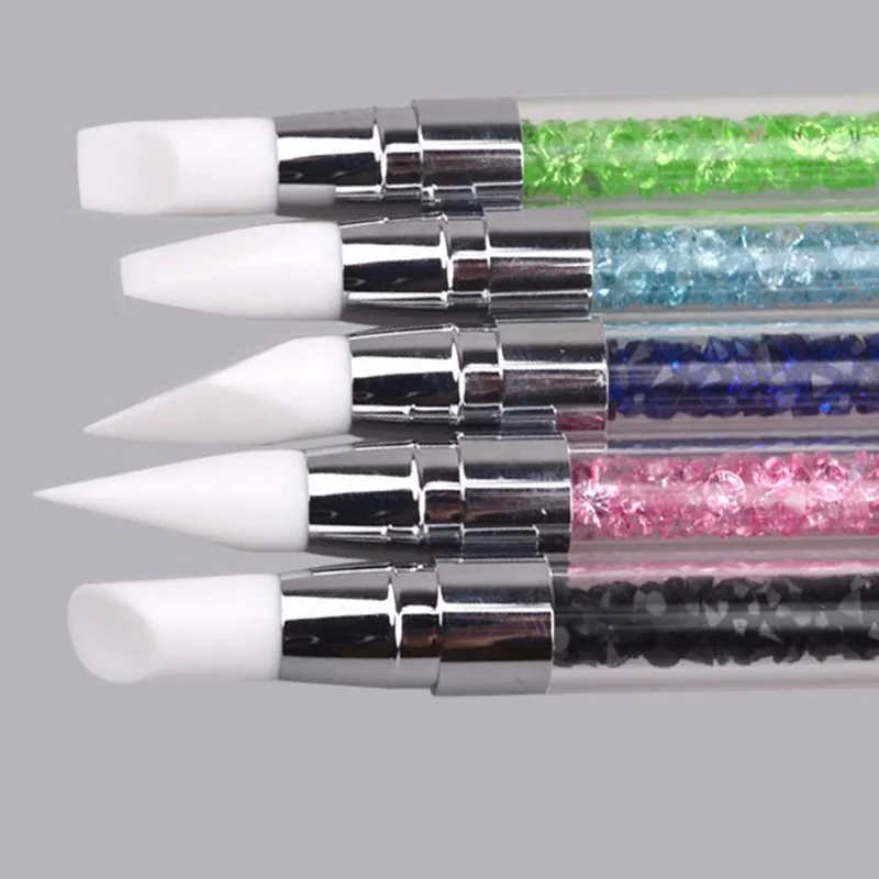 2 Way Rhinestone Crystal Nail Art Brush Pen Silicone Head Carving Emboss Shaping Hollow Sculpture Acrylic Manicure Dotting Tools