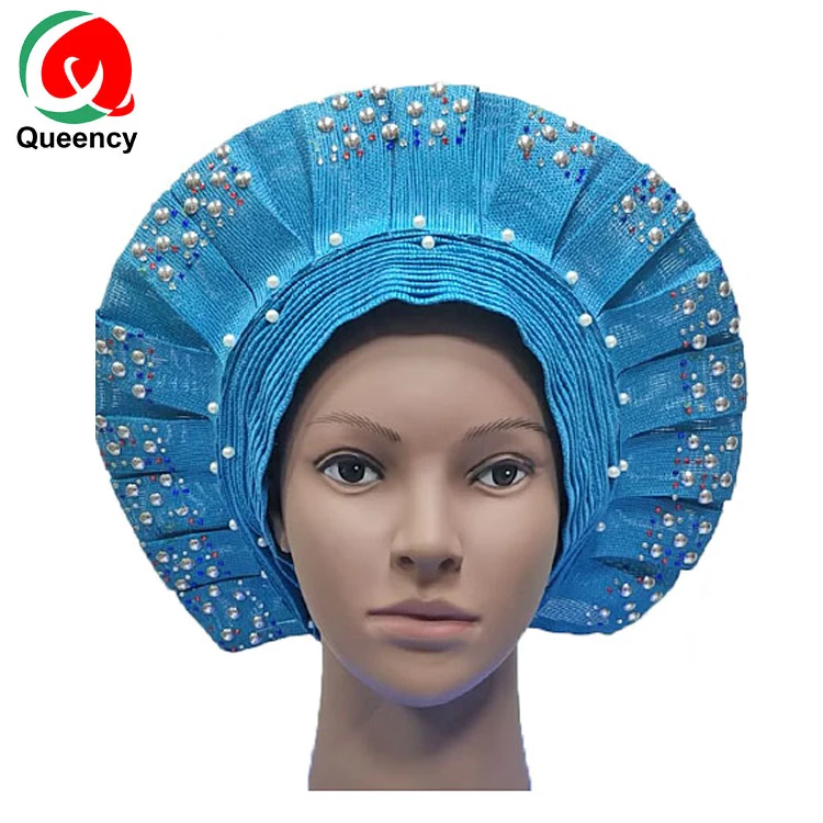 AF African Auto Gele With Beads nigerian beaded  head tie Beads & Stones head wrap scarf