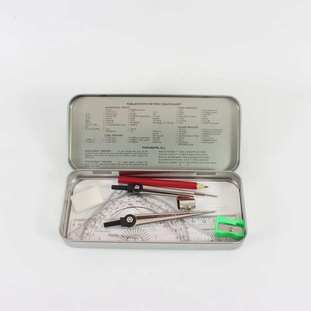 soccer stars , racer design 9 pcs metal math kit , geomtery box for children