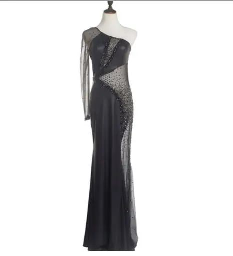One Shoulder Bead Mermaid Design Black Sexy Designer High Quality Fast Shipping Transparent Long Evening Dress in China
