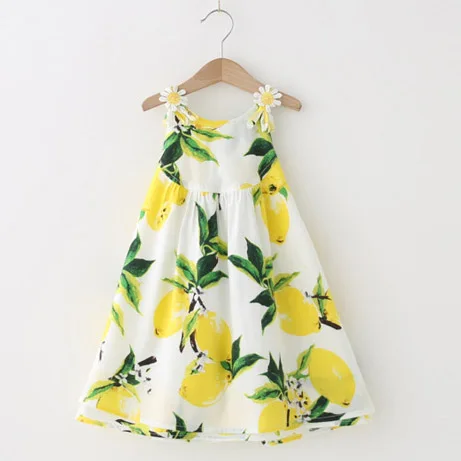Girl summer clothing 2016 new sleeveless cotton child prints lemon dress skirt baby frock design pictures