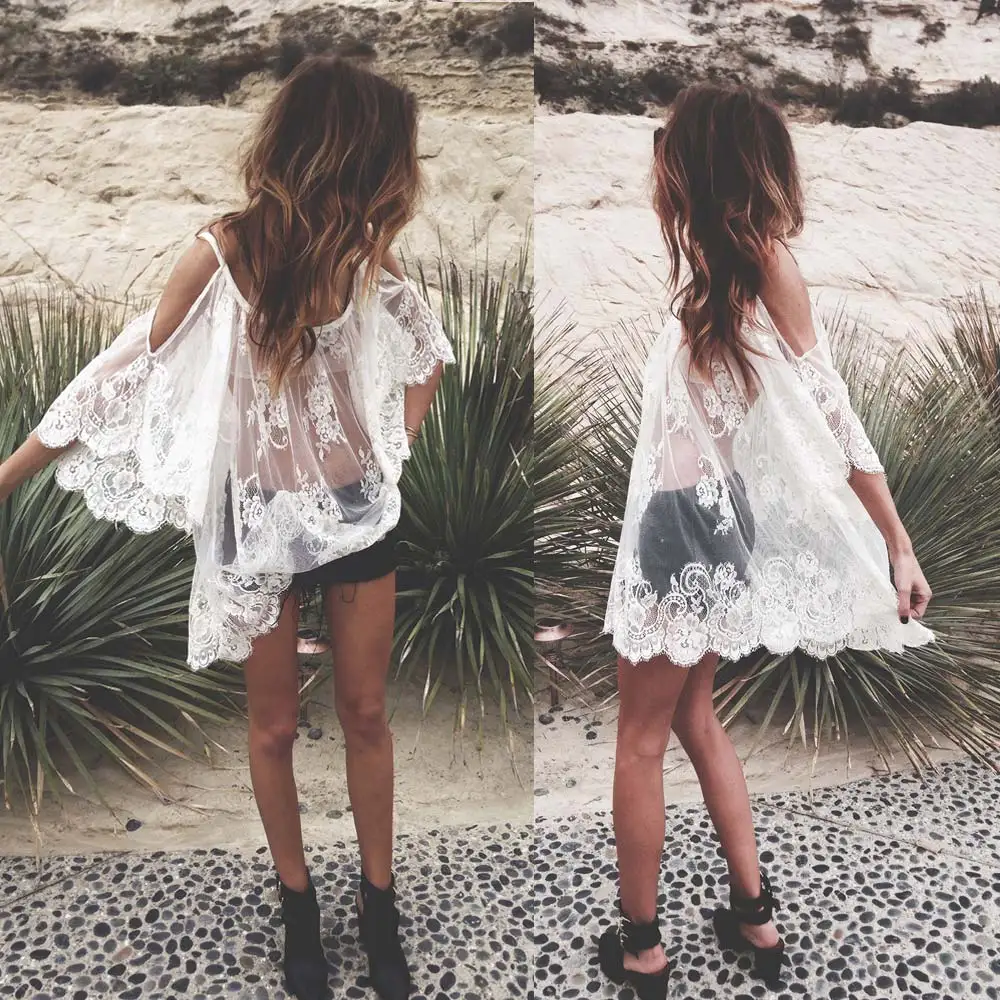 2017 Women Beach Dress Sexy Strap Sheer Floral Lace Embroidered Crochet Summer Dresses Hippie Boho Dress Vestidos Beach Wear
