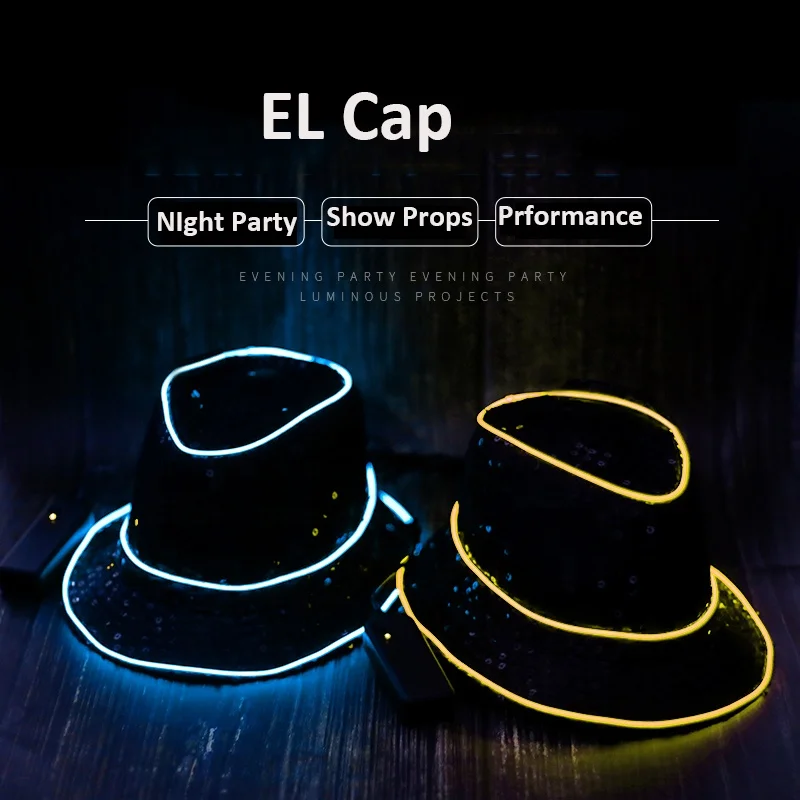 Fashional 100% Cotton Flashing EL Wire LED Hat For Night Show Wearing 3V Portable Controller Dancing  Party EL Wire Hat