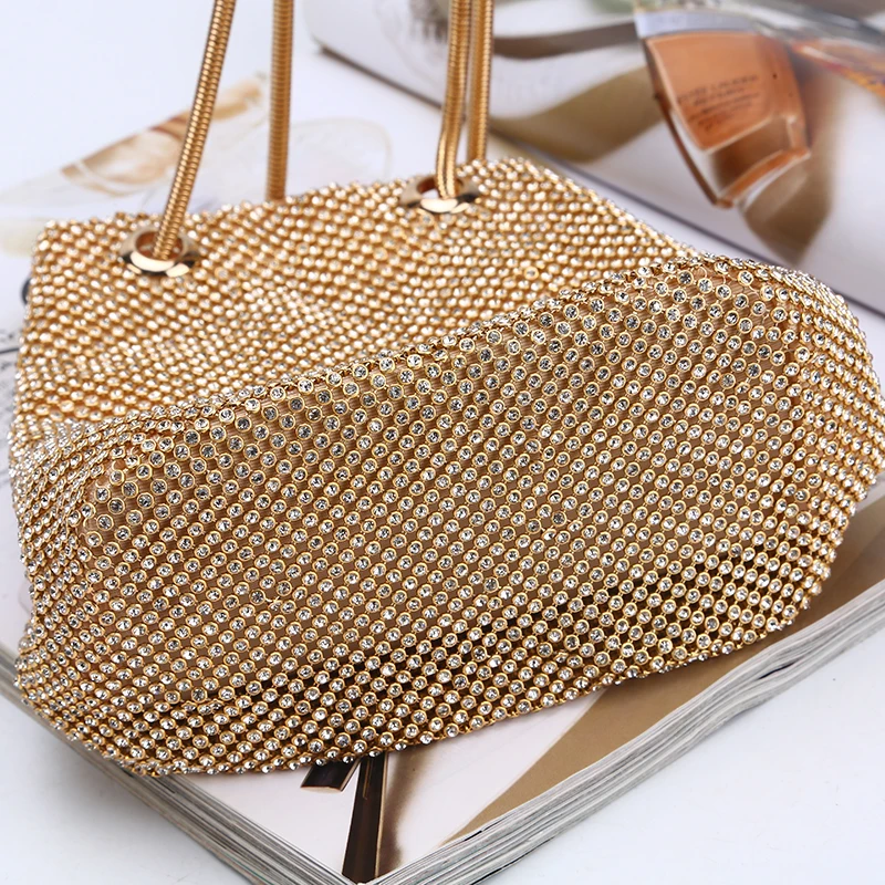 Factory direct wholesale classic luxury crystal clutch bag bucket shape evening bag snake chain for party prom banquet wedding