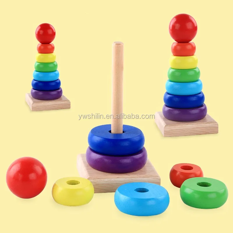 Wooden Multicolor Early Educational Superimposed Rainbow Tower Block Toys