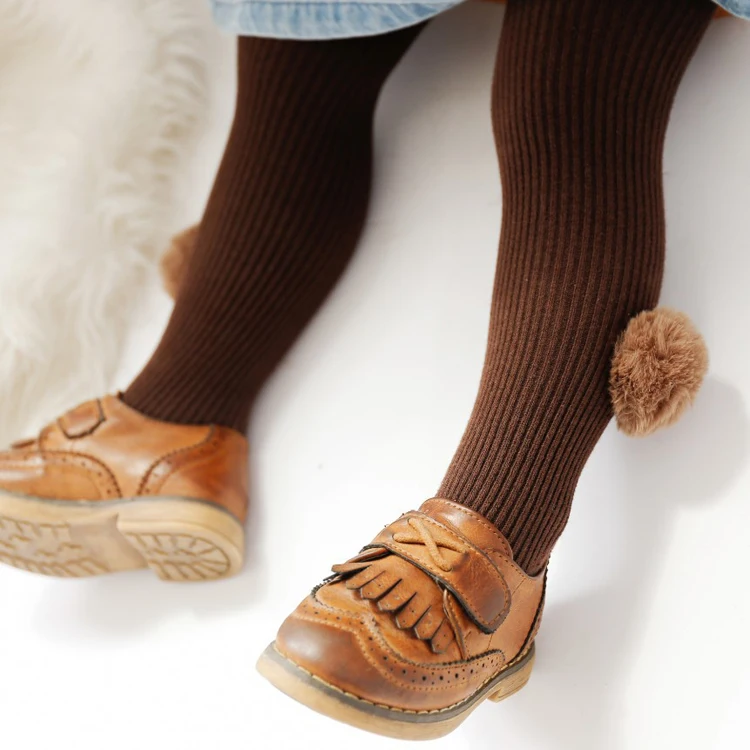 LRTOU Wholesale Cute High Quality Baby Girls Tights With Pom Pom Plain Cotton Knitting Ribbed Kids Pantyhose Tights