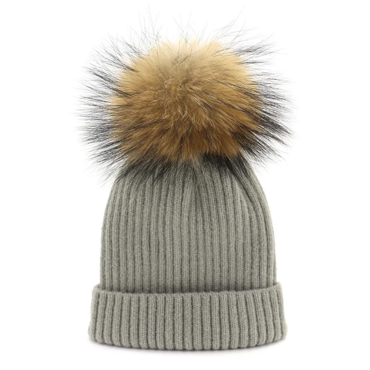 Custom real fur pom pom winter hat with detachable pompom beanie 100 soft acrylic ribbed beanie tuque