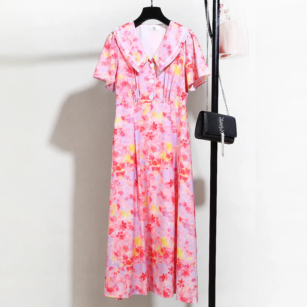 
Wholesale Ready to Ship Video High Level Short Sleeve French Style Sailor Collar V Neck Long Summer Bright Color Print Sun Dress 