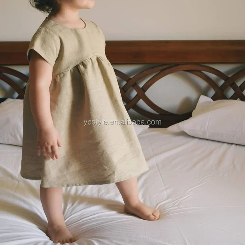 Baby toddler girls white linen dress with peter pan collar , white collar under knee baptism dress made with pre washed linen.