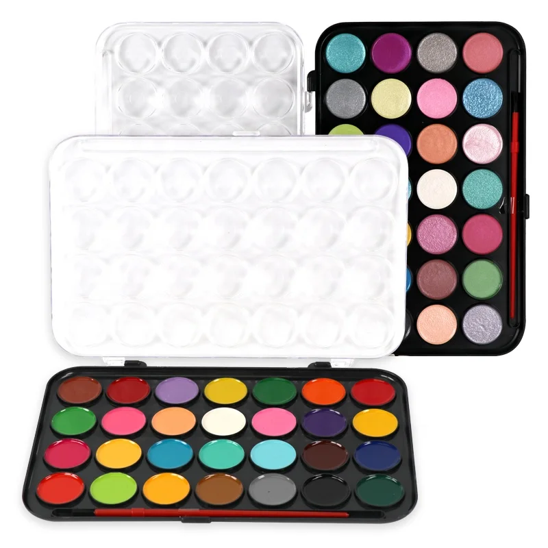 
28 pans water soluble paint non toxic pearlescent watercolor set 