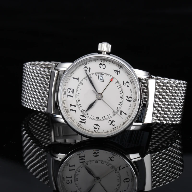 OEM simple double time GMT movt stainless steel mesh strap geneva watches men