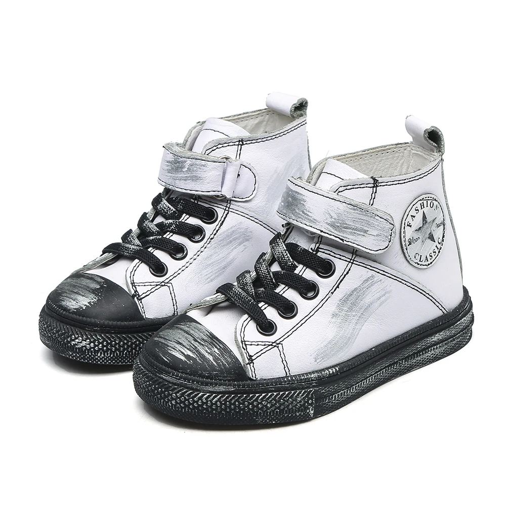 Leather high top lace up kid sneakers children school shoes