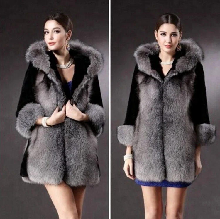 Luxury design women long sleeves with genuine silver fox fur coat