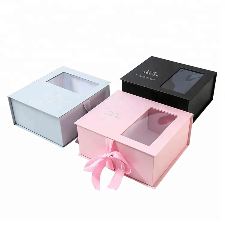 
FSC Factory Luxury Clamshell PVC Window Flower Packaging Center Parting Gift Box with Ribbon 