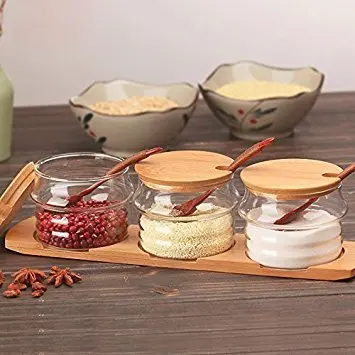 Glass Condiment Jars with bamboo tray and wood spoon for  sugar bowls, tea storage, holding dressings, dipping, salad bar servin