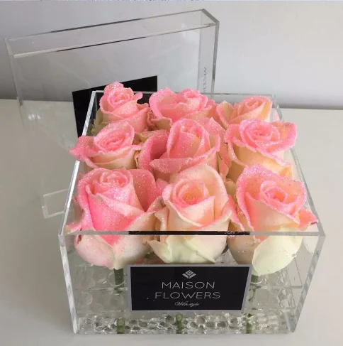 high quality Transparent clear plastic flower Acrylic rose logo flower Box with lid