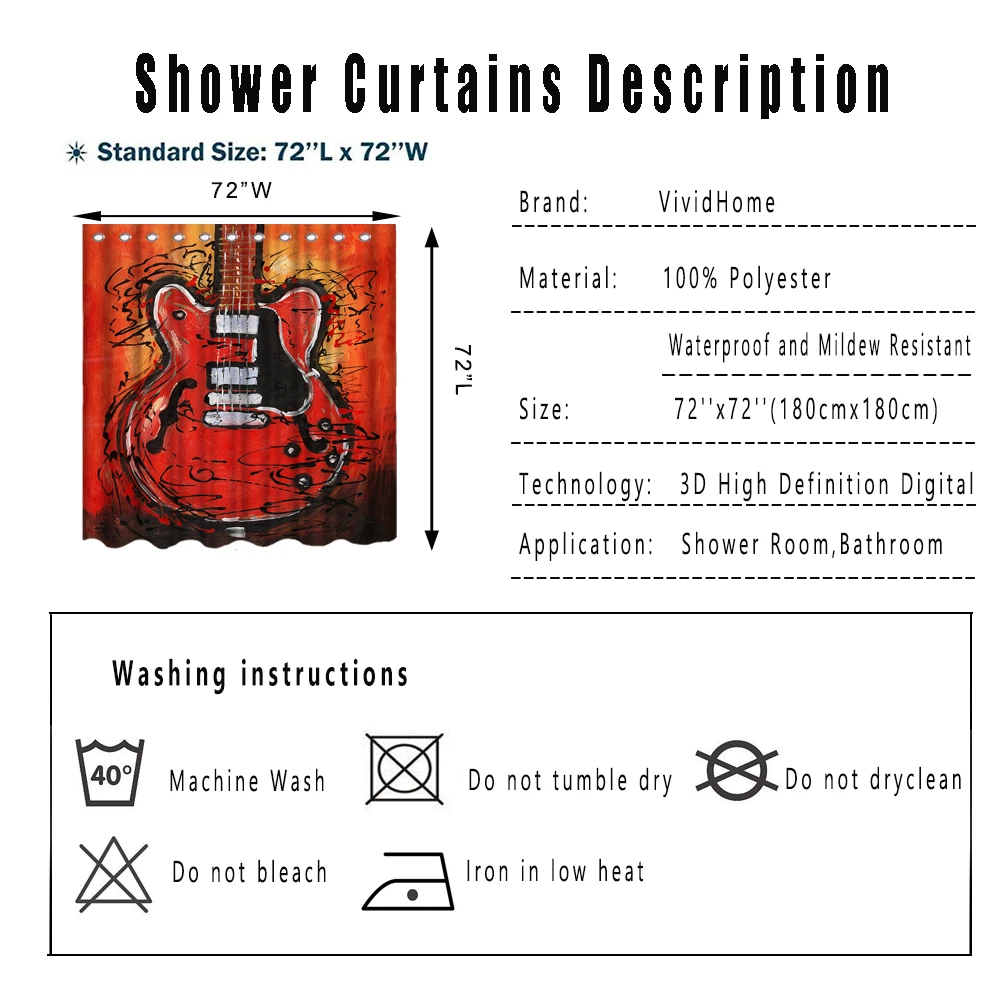Fabric Shower Curtain Curtains with Hooks Guitar Shower Curtains Musical Instruments Vintage Style Home Decor