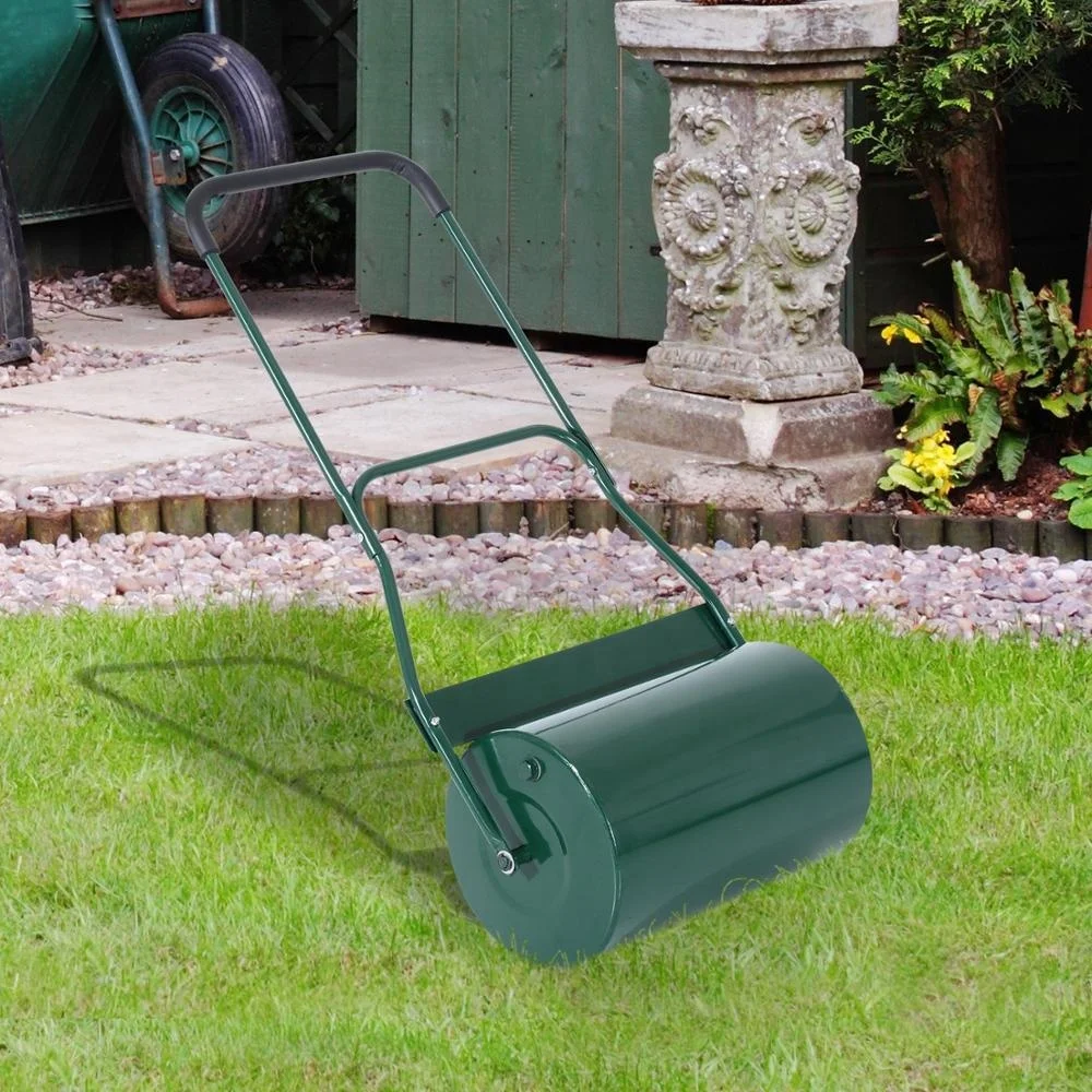 
40L Lawn Roller Drum Scraper Bar Collapsible Handle Water or Sand Filled 32cm Green Garden tools cart 