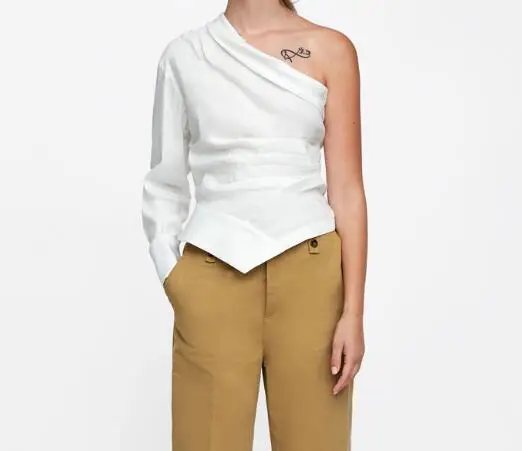 New Arrival women pleated asymmetrical one-shoulder linen blouse