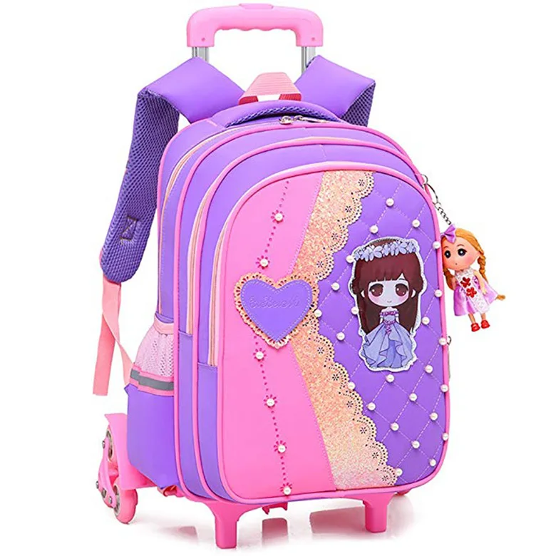 Hot item 6 wheels polyester detachable backpack lace pearl decor princess girl trolley school bag