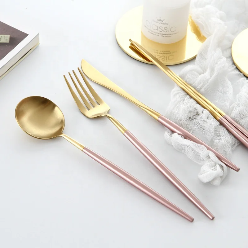 Jinci Pink Handle  Golden Flatware Sets Wedding Flatware Knife Fork Spoon