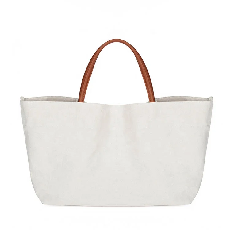 Heavy Duty Blank Women Shoulder Tote Beach Bag Canvas With Leather Handle