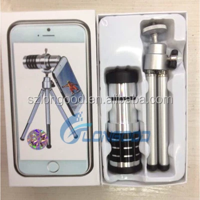 2016 new wholesale mobile phone telescope lens Aluminum 12X zoom telescope for mobile phone camera lens with Kit and tripod